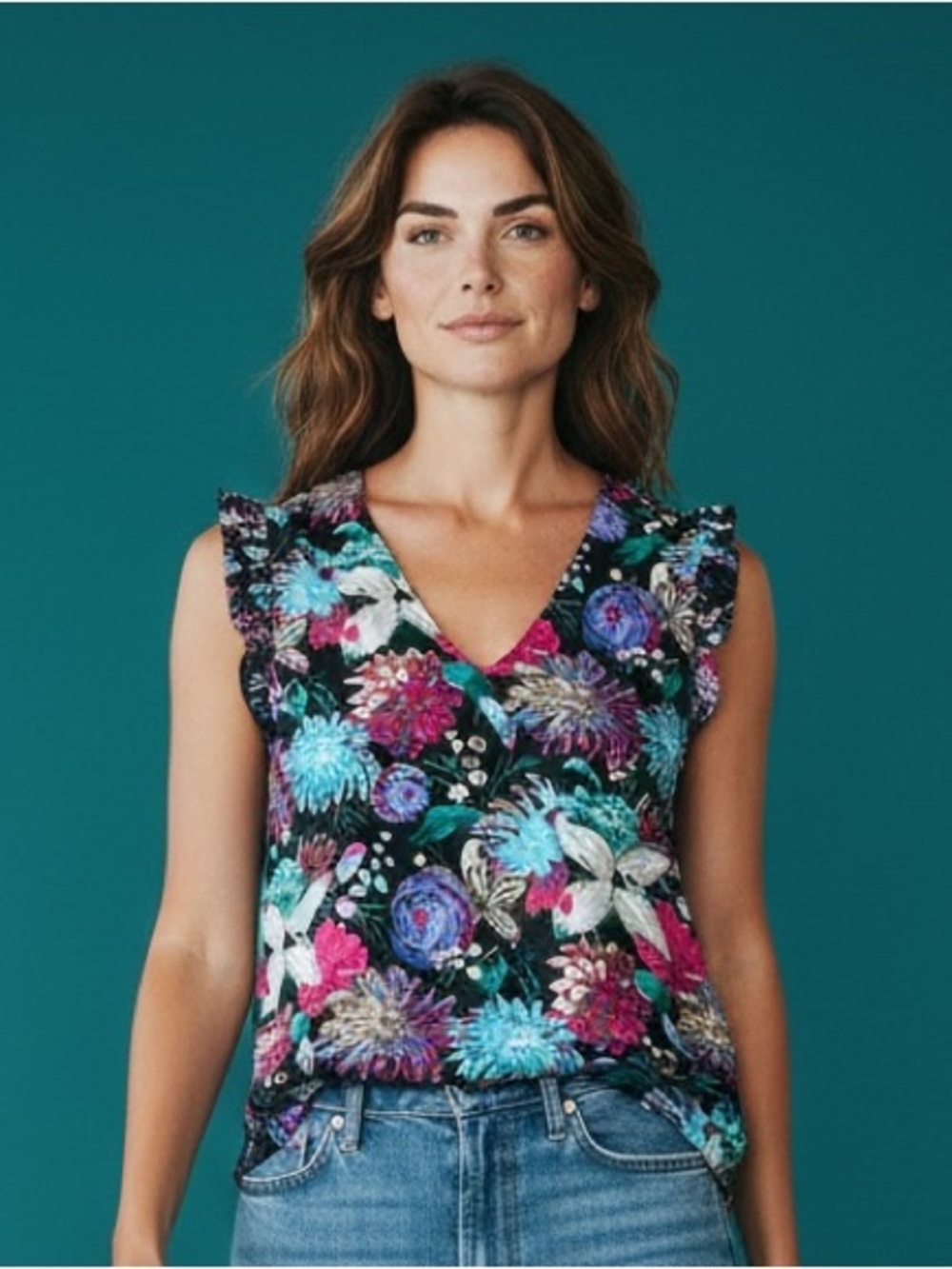 J. Crew Black Floral Tank Top with Blue, Pink & Teal Blooms